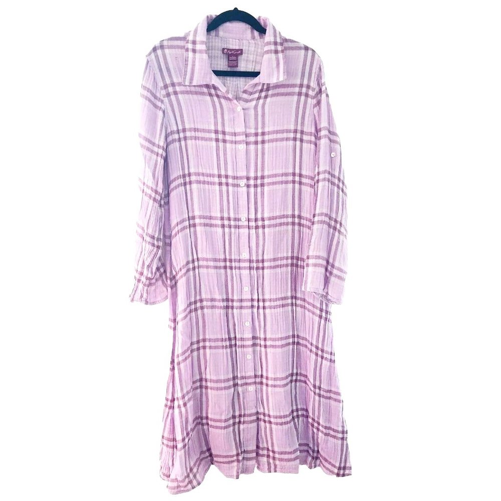 April Cornell Purple Lavender Check Plaid Cotton Gauze Shirt Dress Sz L Pockets